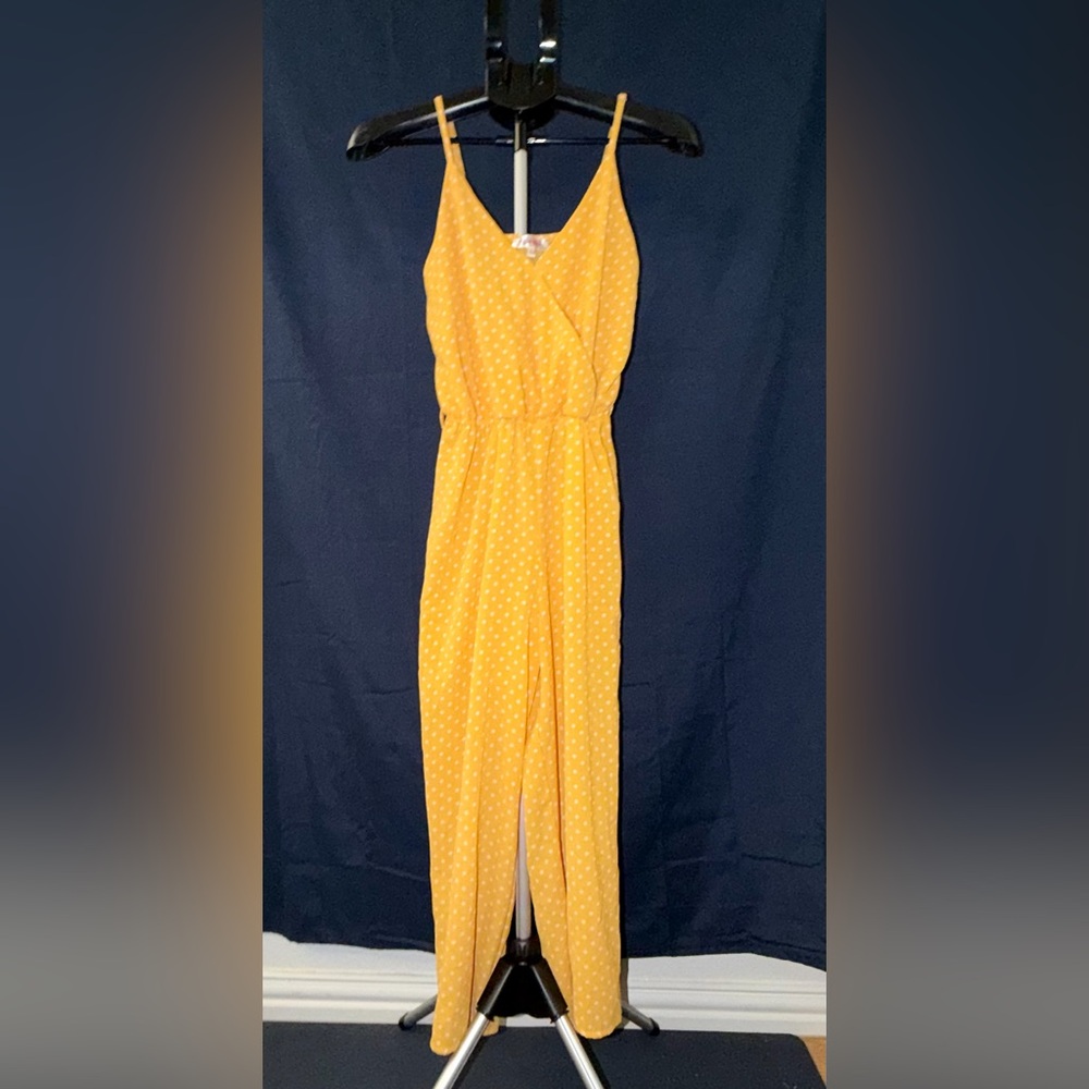 Yellow Polka Dot Jumpsuit Stella Tweed Spaghetti Strap Wide Leg Medium